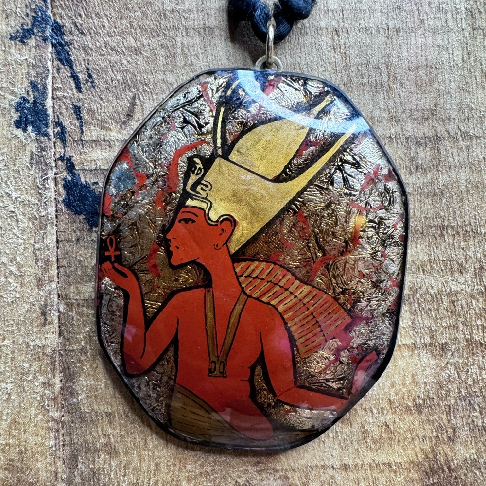 Hand painted Gold Leaf Egyptian Pharaoh Medallion Rope Necklace Unique
